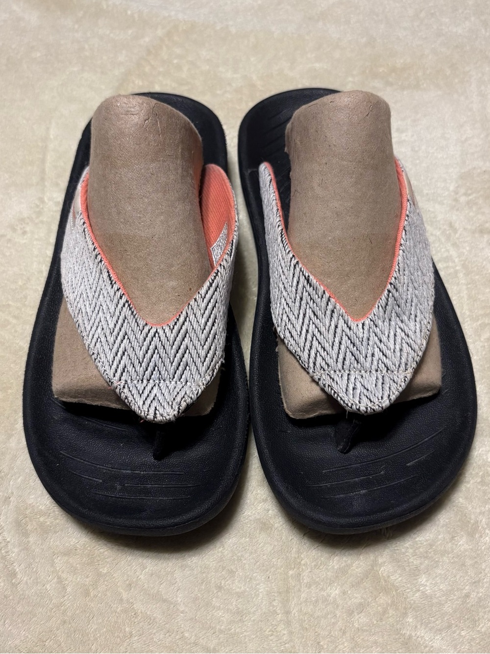 Women's Black Flip Flop Sandals with Beige Herringbone Straps